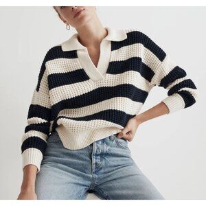 MADEWELL Waffle-Knit Henley Sweater Antique Cream Stripe Size Small